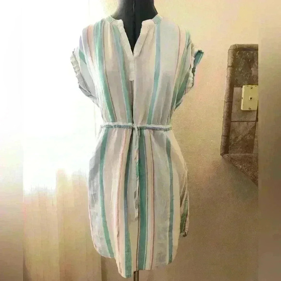 Time and Tru White and Neutral Colors Vertical Stripe Cinched Dress Women M - Picture 9 of 11